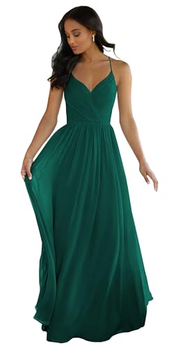 Image of Women's V Neck Bridesmaid Dresses Long for Wedding A-Line Chiffon Open Back Formal Gown with Pockets