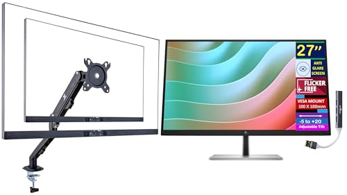 Image of HP 27 inch 4K UHD IPS USB-C Monitor with 5ms Response Time, Anti Glare, Flicker Free, VESA Mount (100mm), Displayport, HDMI, Black /Silver Color w /DKZ Hub & ErgoFlexy Single Mount Arm