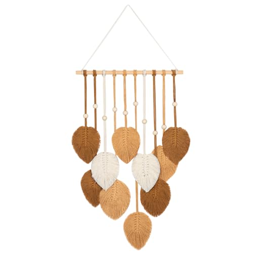 Betylifoy Tapiz de Macramé para Colgar en la Pared, con Cuentas de Madera y Hojas Verdes para Decoración de Pared de Dormitorio y Guardería (Caqui)