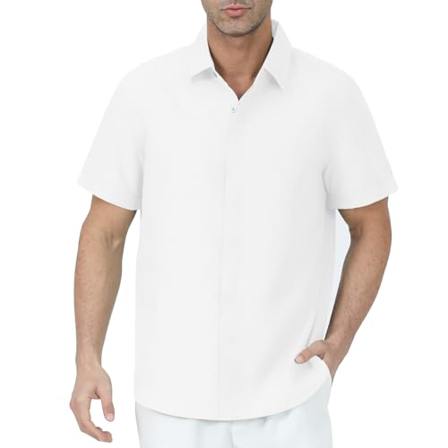 Gavliuu Chemise Homme à Manches Courtes - Boutons Cachés, 30% Linen, 70% Rayon, Semi-Transparent, Blanc Cassé,L