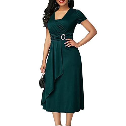 DAYIM Cor feminina, manga curta, gola V, bainha assimétrica, Verde escuro, M