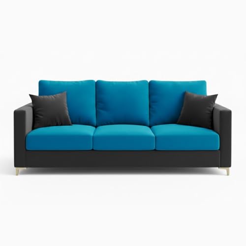 Image of Hayes Dual Tone Rich Velvet Suede 3 Seater Sofa | Golden Aesthetic Legs | Spacious Soft Touch Comfort Seating | Modern Sofa for Living Room (Dark Gray & Aqua Blue)