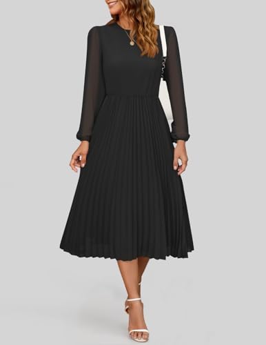 ZESICA Women's Fall Long Sleeve Dresses 2025 Casual Crewneck Chiffon Swing Pleated A Line Cocktail Party Midi Dress2