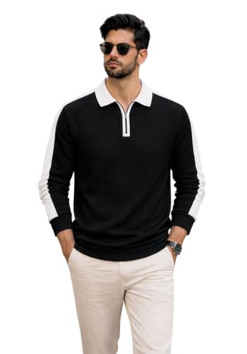 Image of Dagcros Mens Polo T-Shirt with White Contrast Collar | Short Sleeve Zipper Neck Casual Top | Smart Casual T-Shirt for Man