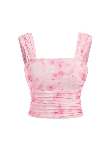 OYOANGLE Girl's Floral Print Tank Top Square Neck Sleeveless Wide Strap Ruched Crop Tops