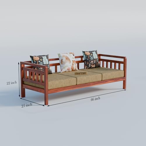 Image of Solid Sheesham Wood 5 Seater Sofa Set Without Centre Table for Living Room | Wooden 3+1+1 Five Seater Sofa Set with 5 Cushions | Modern Sofa Set for Home, Office & Lounge| Cream, Honey Finish