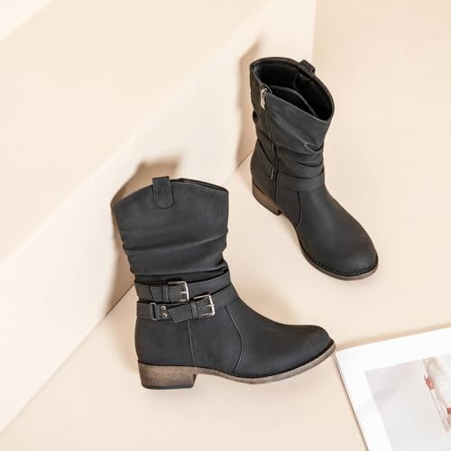 Ataiwee Women's Mid-Calf Cowboy Cowgirl Boots with Low Chunky Heel, Side Zipper, Motorcycle Style, Classic Round Toe,Fashion Western (Black/Dark Brown/Grey) Boots.4