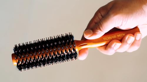 RUBAB MEN Wooden Roller Hair Brush | Men & Women | Perfect Round Hair Comb with Natural Bristles & Scalp Massage Pins Adds Volume, Curls, Waves, Straightening & Blow Drying | For All Hair Types