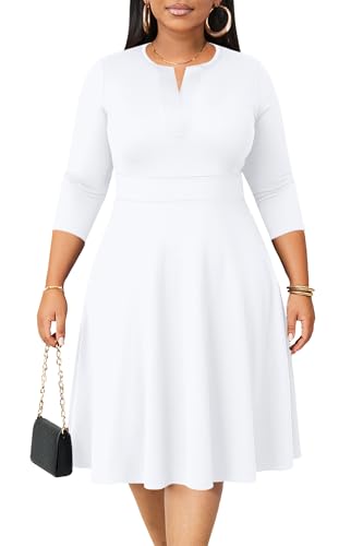 Runwind Plus Size Midi Dress for Women Cocktail Casual Church 3/4 Sleeve V Neck Work A-Line Dresses with Pockets