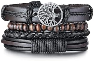 Gogoey Erkek Deri Bileklik 4 lü hayat ağacı ahşap boncuk Bilezik siyah erkek Takı DBS3535 - Görsel 1