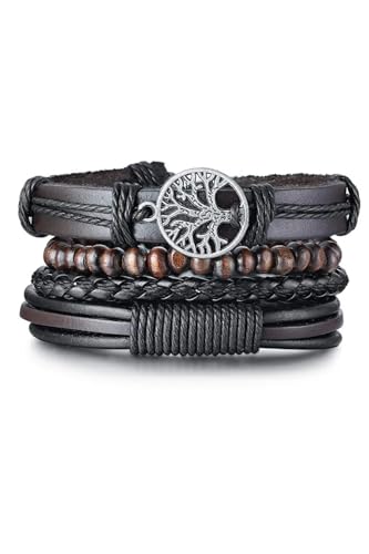Gogoey Erkek Deri Bileklik 4 lü hayat ağacı ahşap boncuk Bilezik siyah erkek Takı DBS3535