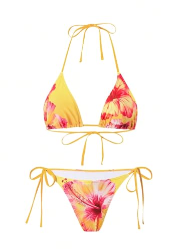 Image of ZAFUL Women's 3 Piece Swimsuit Floral Halter Triangle String Bikini Tie Side Bottom with Boho Cover Up Skirt