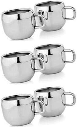 Set of 6 Stainless Steel Coffee Cups, Small Tea Cups with Stainless Steel Handle, Double Wall Espresso Cup Set – Silver, 3.5 oz