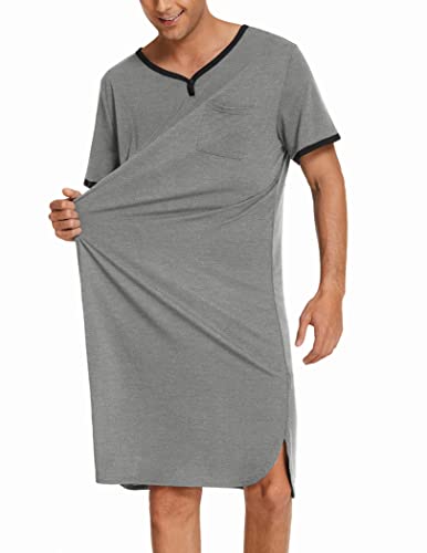 Mens Nightshirt, Comfy Loose Night Shirts Short Sleeve Nightwear Cotton Sleep Soft Sleepwear V Neck Pajama Loungewear Grey #TOP4