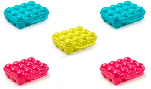 PCMOVILES – Pack de 5 Hueveras de Plástico para 12 Huevos con Asa | Almacenamiento de Cocina Resistente | Fabricadas en España | 20 x 18,5 x 7 cm | Color Aleatorio