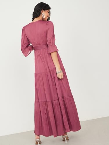 Image of Styli Women Dress V-Neck Party Occasion Slit Sleeves Self Design Tiered Dress | Stylish One Piece Long Dress for Women | Casual, Party