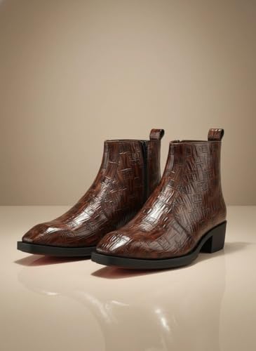 Image of Big Fox Men's Croc-Texture Cuban Boots | Premium Ankle-Length Fashion Boots | Stylish, Durable & Comfortable