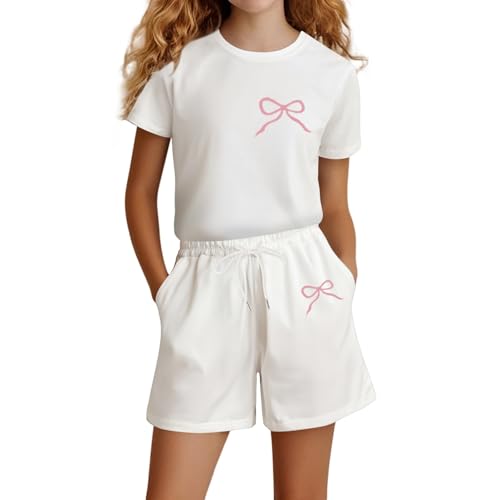 Girls Summer Outfits 2 Piece Cute Letter Graphic Tshirts and Shorts Sweatsuits Toddler Kids Preppy Tracksuit Size 4-14