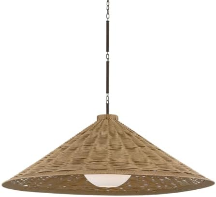Troy Lighting Devlin 1-Light Outdoor Pendant | Bronze Finish | Natural Faux Wicker Shade | Opal Matte Acrylic Globe | All-Weather Patio Ceiling Light | 44" W x 19" H | F3344-BRZ