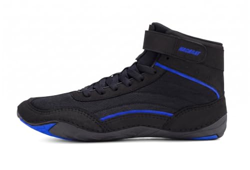 NACARAT Men's Wrestling Shoes – High Top Boxing Boots & Weightlifting Sneakers with Non-Slip Sole, Breathable Mesh Combat Sports Footwear for Gym, Squat, and Deadlift Black/Royal Blue Size 11
