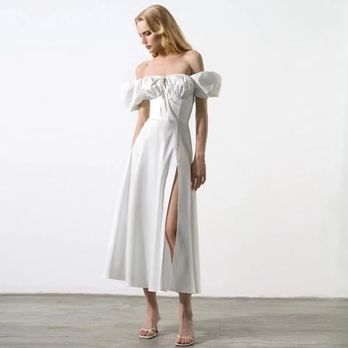 Women's Summer Commuter Maxi Dress, 2025 French Style Temperament Puff Sleeve Lacing Waist Slit Skirt Long Dress3