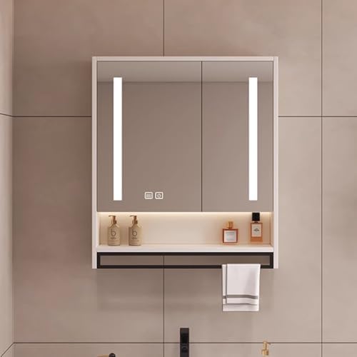 Smart LED Mirror Medicine Cabinet - Solid Wood Wall-Mounted with Anti-Fog, Open Rack & Towel Bar - Stylish Bathroom Storage Solution with HD Reflection