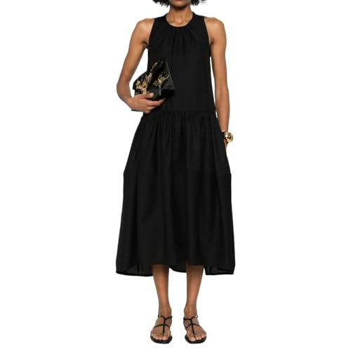 YEOSEA Vestido midi de verano de algodón sin mangas, negro, cuello fruncido, silueta acampanada, Negro, M