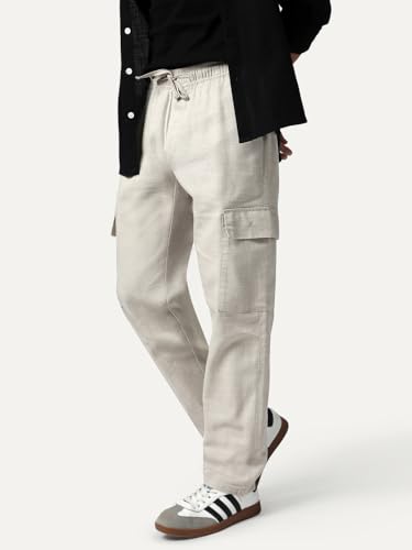 Image of Urbano Fashion Men's Straight Fit Linen Cargo Pants with 6 Pockets