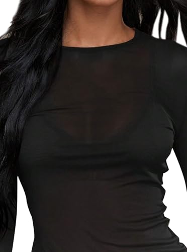 Remidoo Womens Sheer Mesh Top Crewneck Long Sleeve Tee Shirts with Thumb Hole3