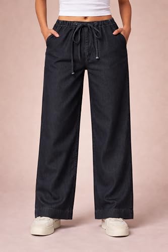 Image of London Hills Jeans for Woman | Wide Leg Jean for Women | Women's Wide Leg Denim Pants | Elastic Waist Drawstring Jeans for Women | Loose Fit Casual Palazzo Trousers | Woman Jean's Pant