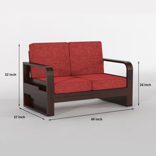 Image of Solid Sheesham Wooden 2 Seater Sofa for Living Room | Sofa with Side Pocket Storage & Cushion | Rosewood Sofa Set for Home (Walnut with Red Cushion, 2 Seater)