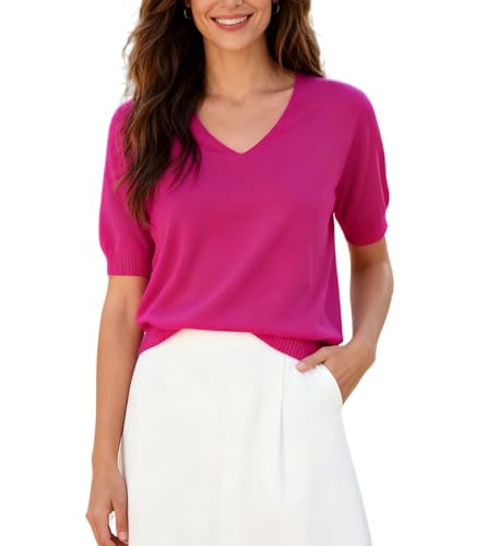 Image of SANGTREE Women's Short Sleeve Sweaters V Neck Casual Knit Pullover Tops | Perfect as a lightweight sweater for spring /summer or as a layering piece. Ideal for office, daily, holiday, home etc