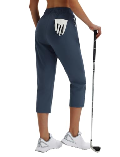 Image of baleaf 20'' Women Capris with Pockets Stretch Golf Work Dress Cropped Pants Straight Leg High Waisted Pull On Summer