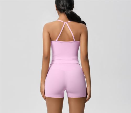 Ensemble d entraînement haut de gamme short de yoga taille haute et débardeur dos nu rose L