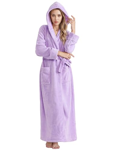 Image of Hellomamma Long Hooded Robe for Women Luxurious Flannel Fleece Full Length Bathrobe Winter Warm Pajamas Shower Nightgown