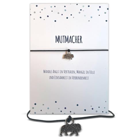 Glücksschmiedin – Mutmacher Geschenk Armband in Schwarz mit Elefant-Anhänger & Spruchkarte – Glücksbringer für Motivation & innere Stärke – Handgefertigt in Deutschland