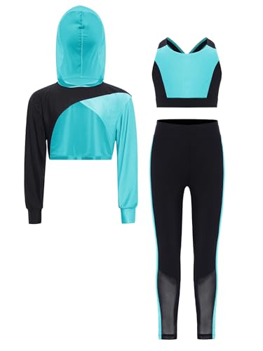 Kids Girls 3Piece Color Block Dance Sports Set Long Sleeve Cropped Hoodie and Vest Leggings Set