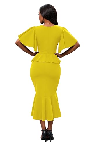 Image of Womens Summer Ruffle Short Sleeve Fishtail Dress Evening Cocktail Formal Peplum Midi Mermaid Dresses Elegant