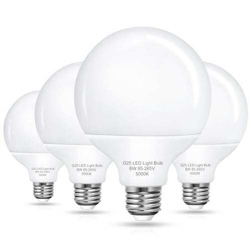 EvaStary G25 LED Globe Light Bulbs, 6W LED Vanity Bathroom Light Bulb 60W Equivalent Daylight White 5000K for Mirror Round Makeup Lights, 85-265V CRI85+ E26 Base, Non-dimmable, 4 Pack