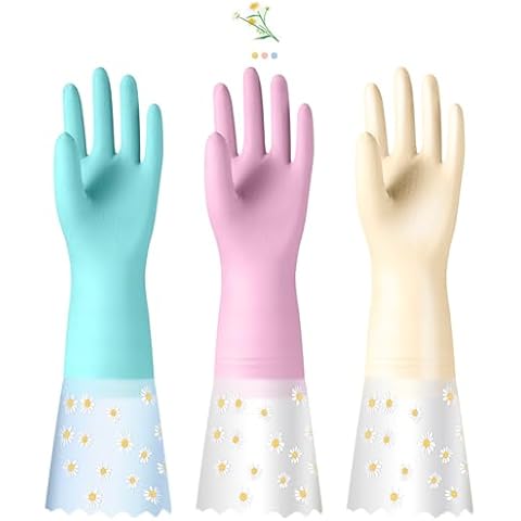 KAQ Reusable Rubber Cleaning Gloves for Dishwashing: 3 Pairs Latex Free Household Kitchen Gloves for Washing Dishes Cover