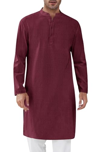 Runcati Mens Kaftan Thobe Textured Henley Shirt Long Sleeve Robe Casual Muslim Gown Shirt