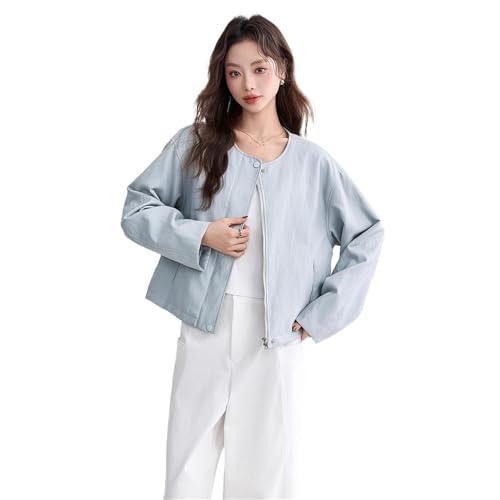 Veste en simili cuir bleue pour femme coupe ample et courte style cardigan de mi-saison