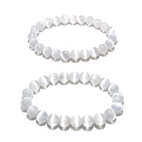Pulseras de selenita 2 paquetes, cuentas redondas de 8 mm y 10 mm, cada joyería con piedra lunar, se adapta a muñecas de 7 a 8 pulgadas, regalo hecho a mano a juego para parejas mejores amigos Cover