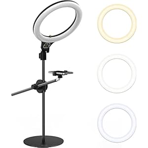 [Upgraded Base] Ring Light Desk with Horizontal Boom Arm, 10″ Ring Light with Phone Tripod Stand, 3500k-6500K Dimmable, Ring Light with Phone Holder for Video Recording, Live Stream, Portrait, Makeup