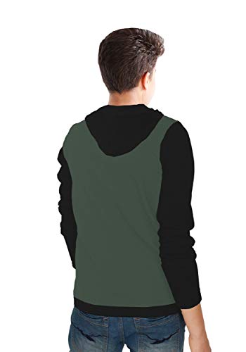 Image of BLIVE Kid's Hooded Neck Full Sleeves T-Shirt | Printed T-Shirt (Olive Green-Black, 14-15 Years)