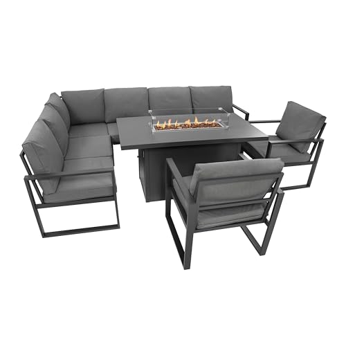 Conjunto Jardín Aluminio 7 Plazas con Sofá Modular, Mesa Brasero de Gas y Sillones, Muebles Exterior Modernos con Cojines Gruesos y Funda Impermeable para Terraza Patio
