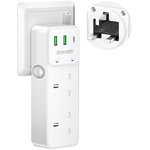 Plug Adapter with 3 USB Ports, Double Plug Adaptor with Type C & 2 USB A BOKHOM 2 Way Plug Extension, Vertical USB Wall Charger Sockets Plug Adapter USB C Plug 13A Surge Protection for Kitchen Bedroom Cover