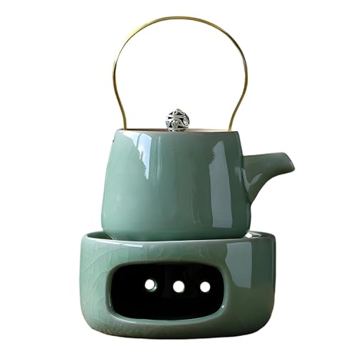 Ice Crack Glaze Ceramic Teapot and Warmer Set: Japanese Style Light Green Tea Set with Candle Heating Stove, 4.7 X 2.3 in