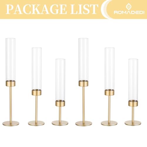 Romadedi Glass Hurricane Candlestick Holders Gold Set Of 6 Taper Candle Holder Bulk Tall Clear Glass Cylinder Table Centerpiece Wedding Decor Party Birthday Christmas Home Decorations thumb #5
