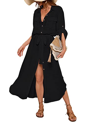 Bsubseach Frauen Button Down Shirt Kleid Langarm Badeanzug Coverup mit...